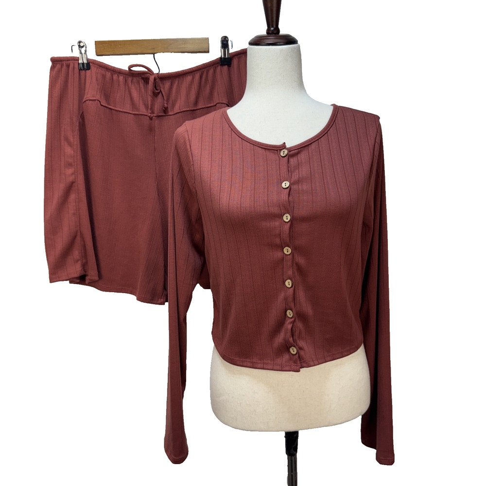 Free People Free-est Monica Shorts Cardigan Set Size M Brick Red Ribbed‎ Knit